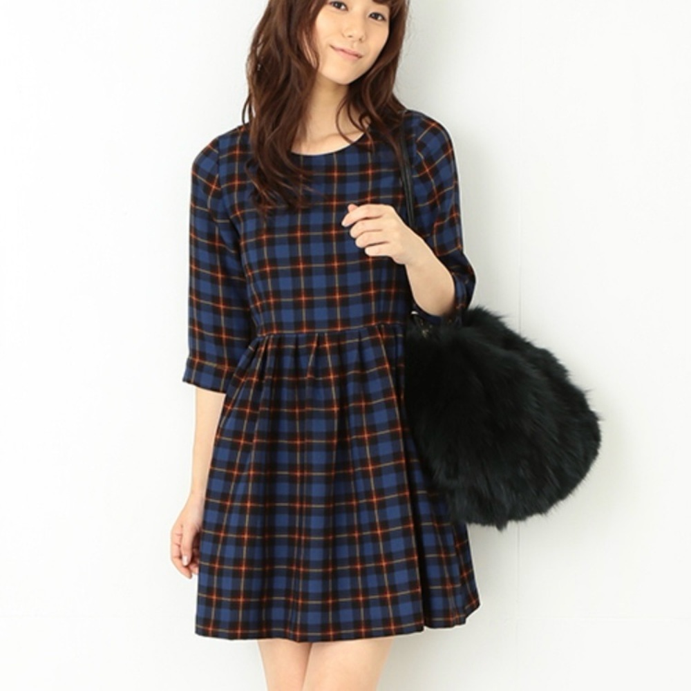 Ray Beams Plaid A-line Pleated Short Sleeve Dress Blue Size 1 Small check measur